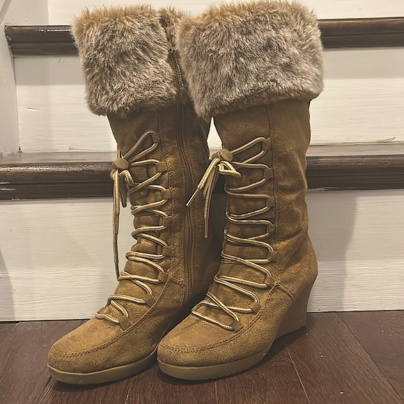 Rampage Shoes - RAMPAGE Tan Faux Fur Wedge Lace Up Mid Calf Boots